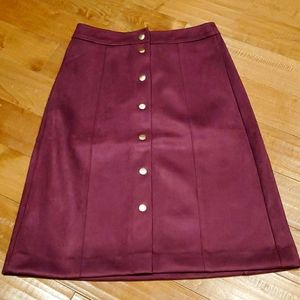 LOFT Plum Gold Button Front Faux Suede Midi Skirt
